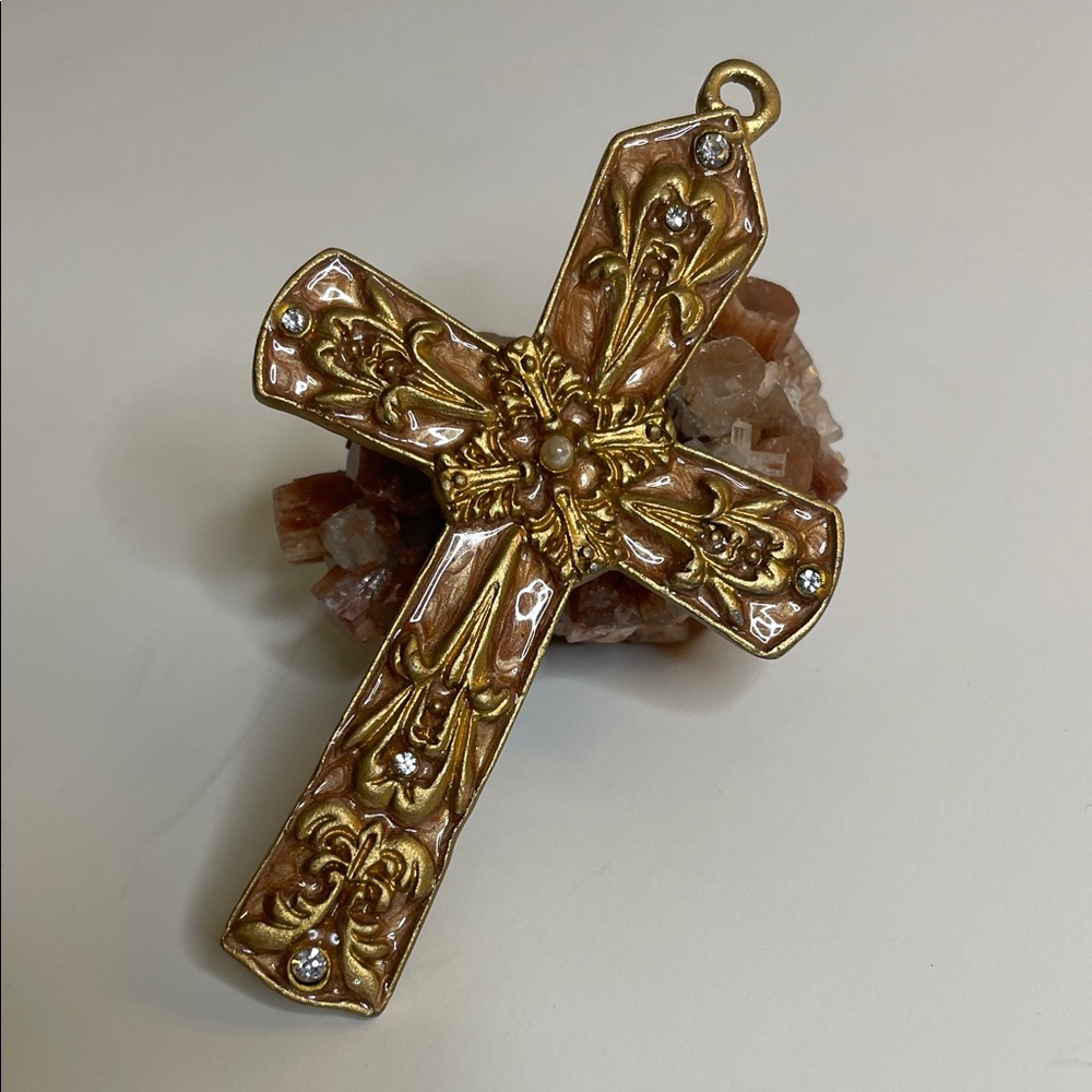Vintage Ornate Cross Pendant Gold Tone Rhinestones and Enamel Accents that Shine